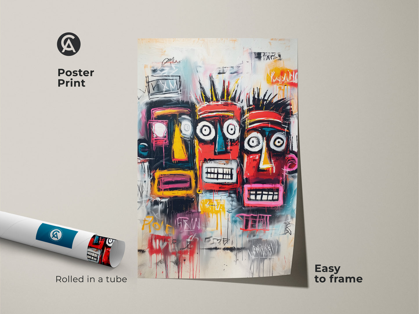 Poster print of a graffiti-inspired tribal faces artwork. Rolled in a tube for easy framing. Museum-quality paper ensures lasting beauty. Add an urban edge to your space with this unique print.