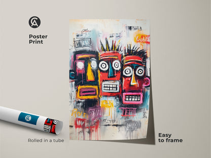 Poster print of a graffiti-inspired tribal faces artwork. Rolled in a tube for easy framing. Museum-quality paper ensures lasting beauty. Add an urban edge to your space with this unique print.