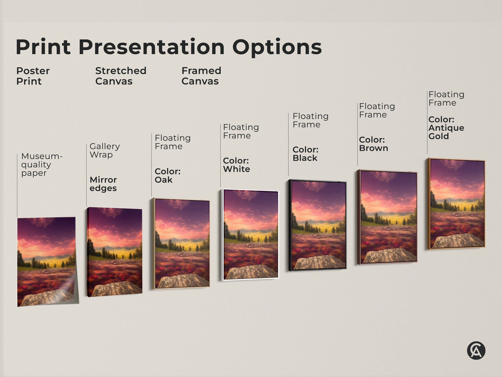 Explore print presentation options for impressionist river and mountain art. Choose from poster print to framed canvas. Each showcases a pink and purple sunset sky. Find the perfect museum quality paper or gallery wrapped canvas for your home art.