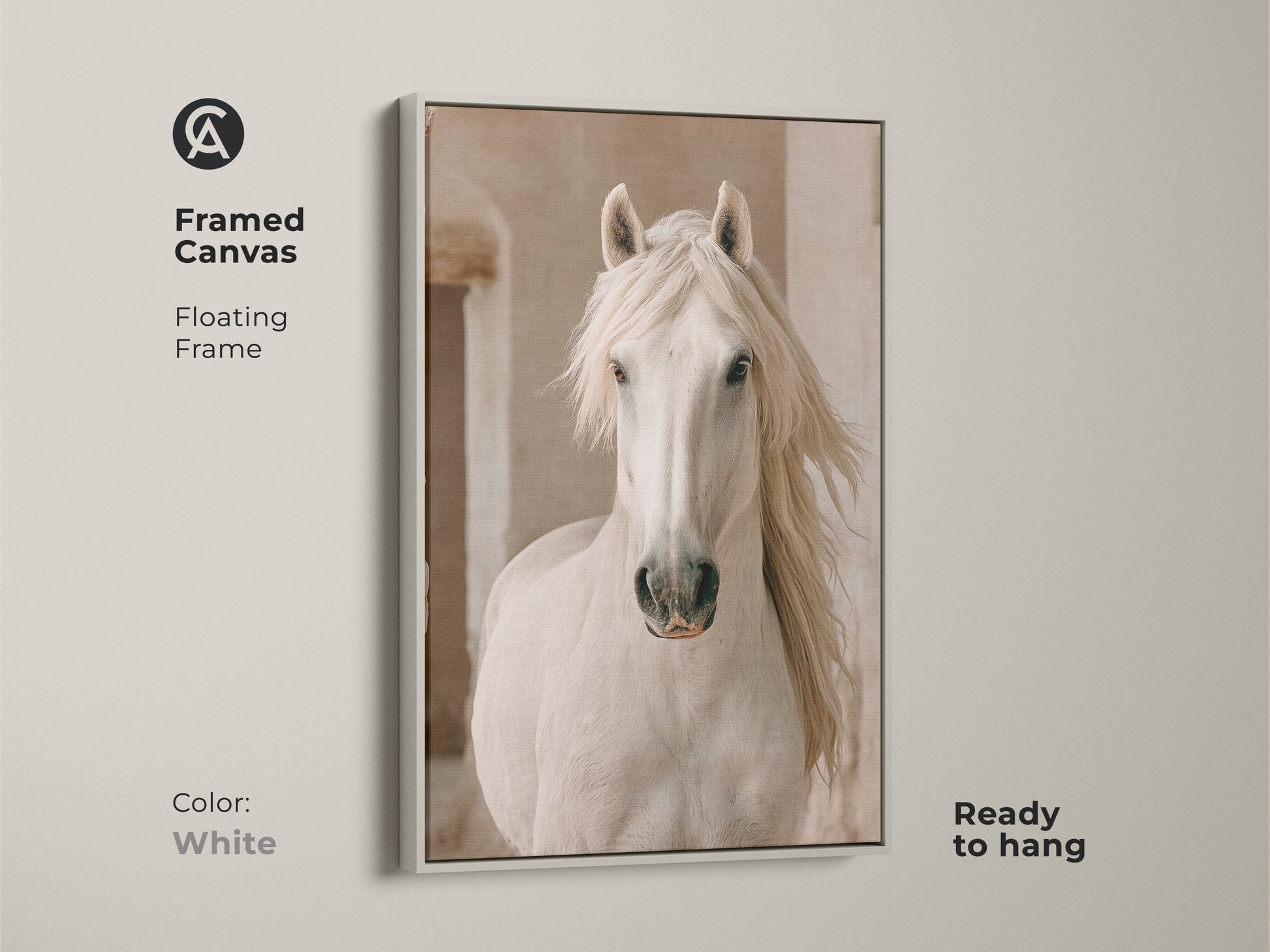 Framed canvas featuring a photorealistic white horse in a white floating frame. This calm horse wall art brings natural beauty to your space. Perfect rustic bedroom artwork.