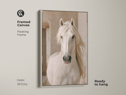 Framed canvas featuring a photorealistic white horse in a white floating frame. This calm horse wall art brings natural beauty to your space. Perfect rustic bedroom artwork.