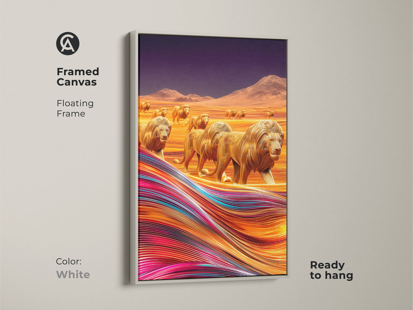 A framed canvas print showcases abstract golden lions walking across a colorful desert scene with a white floating frame. This contemporary art is ready to hang. A striking piece of modern wildlife decor. Adds a unique touch of savanna art.