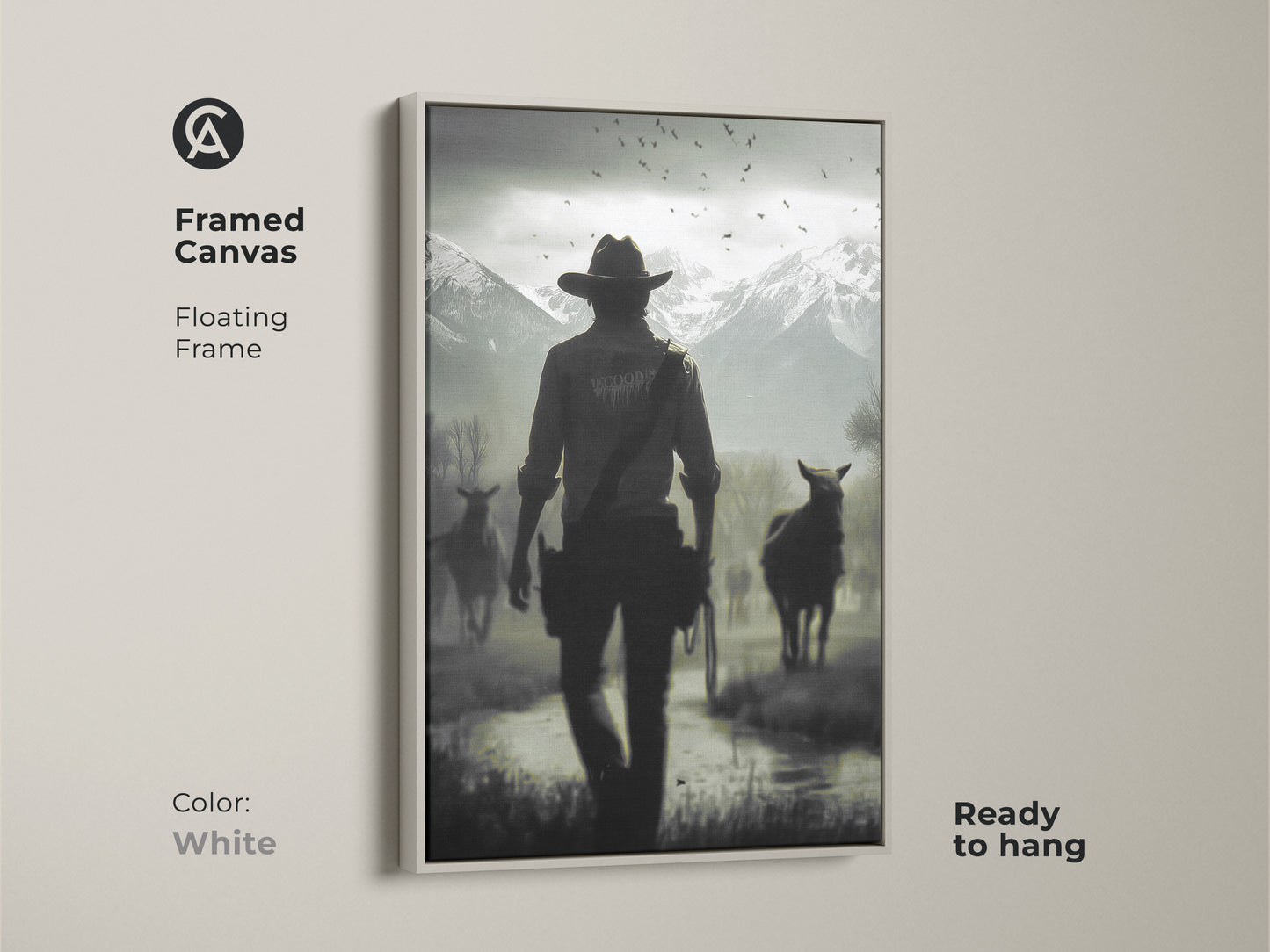 Framed canvas print of a cowboy and horses in a western landscape. The white floating frame enhances the rustic wall art perfect for a study room. Ready to hang this monochrome art adds a cinematic feel. This black and white artwork makes a great gift for him or western ranch decor.