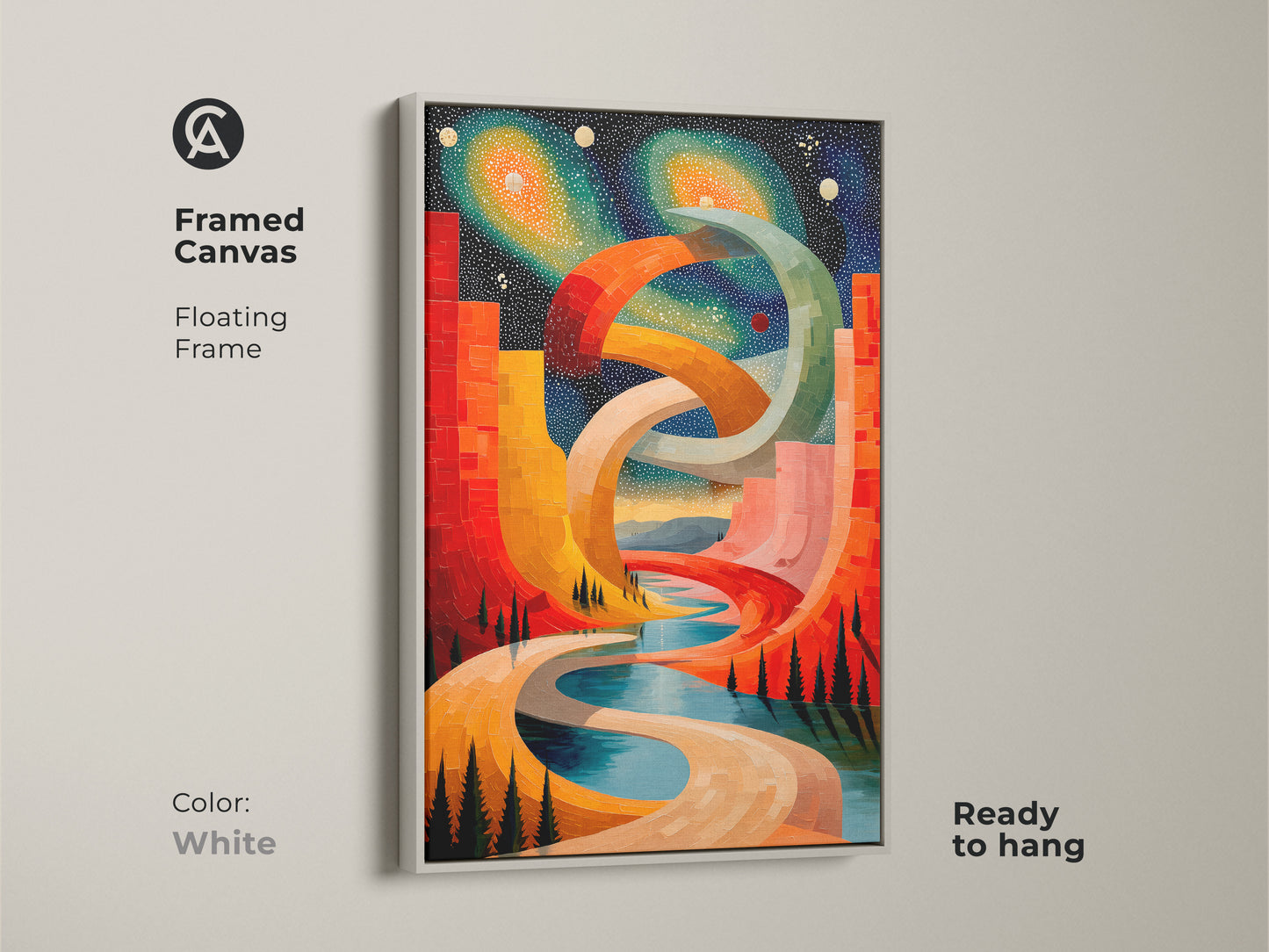 Explore print presentation options for the abstract cosmic cityscape. Choose from poster print to stretched or framed canvas. Gallery wrap and floating frame options are available. This surreal geometric wall art is a perfect housewarming gift.
