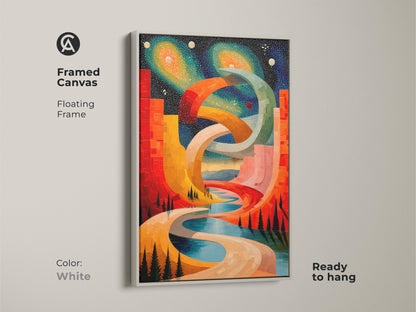 Explore print presentation options for the abstract cosmic cityscape. Choose from poster print to stretched or framed canvas. Gallery wrap and floating frame options are available. This surreal geometric wall art is a perfect housewarming gift.