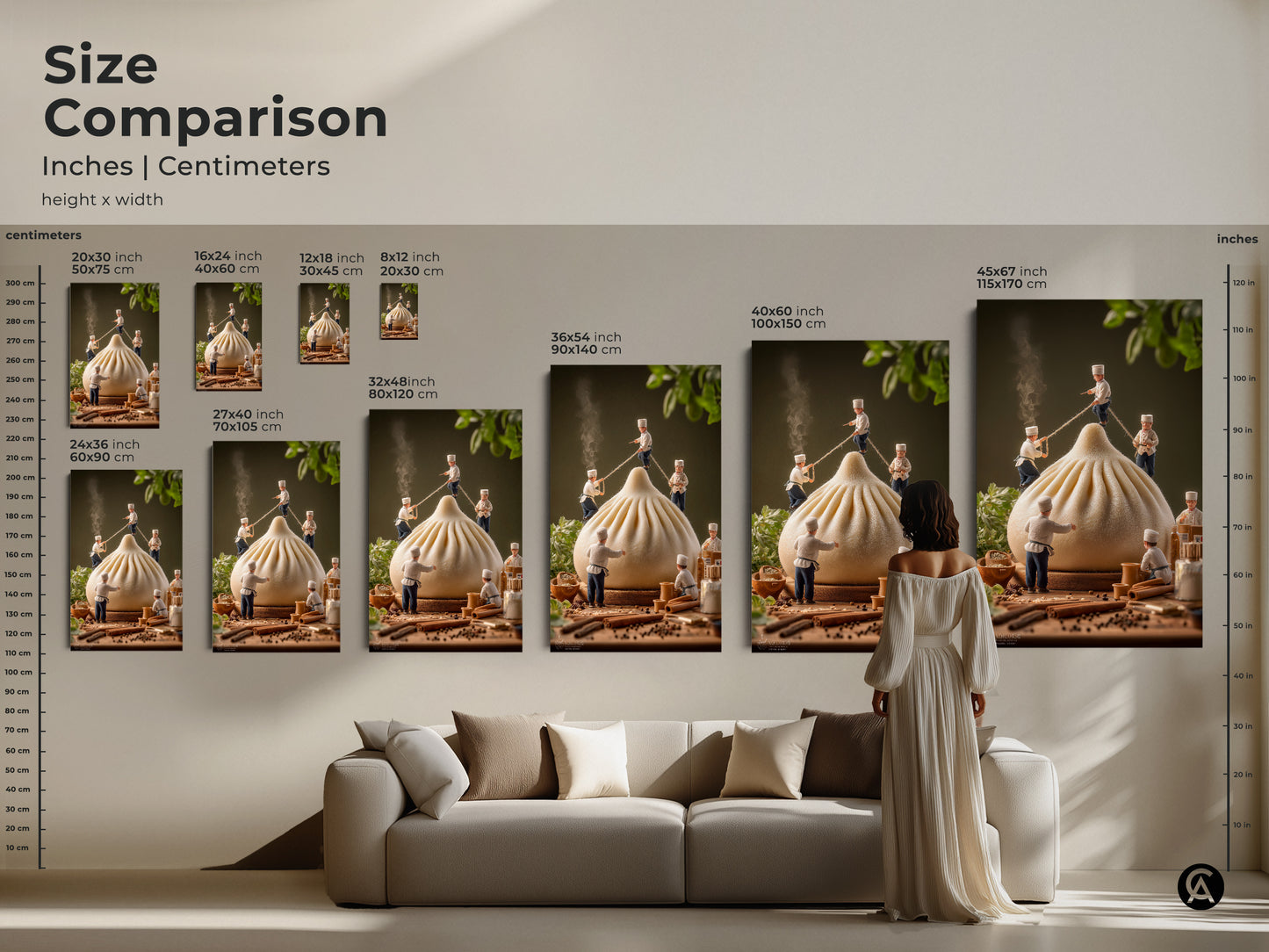 Size comparison of chef and dumpling artwork in inches and centimeters. See how the art looks in various sizes from 12x18 to 45x67 inches. Visualize the artwork in your living space. This food-themed artwork will transform your space. Find your perfect size today.