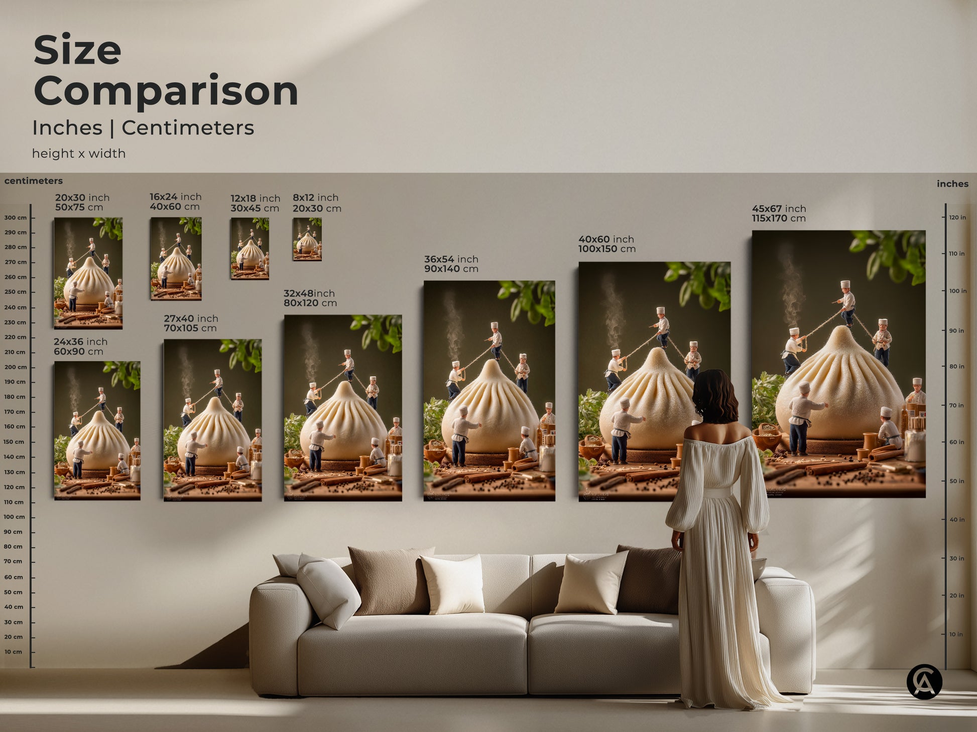 Size comparison of chef and dumpling artwork in inches and centimeters. See how the art looks in various sizes from 12x18 to 45x67 inches. Visualize the artwork in your living space. This food-themed artwork will transform your space. Find your perfect size today.