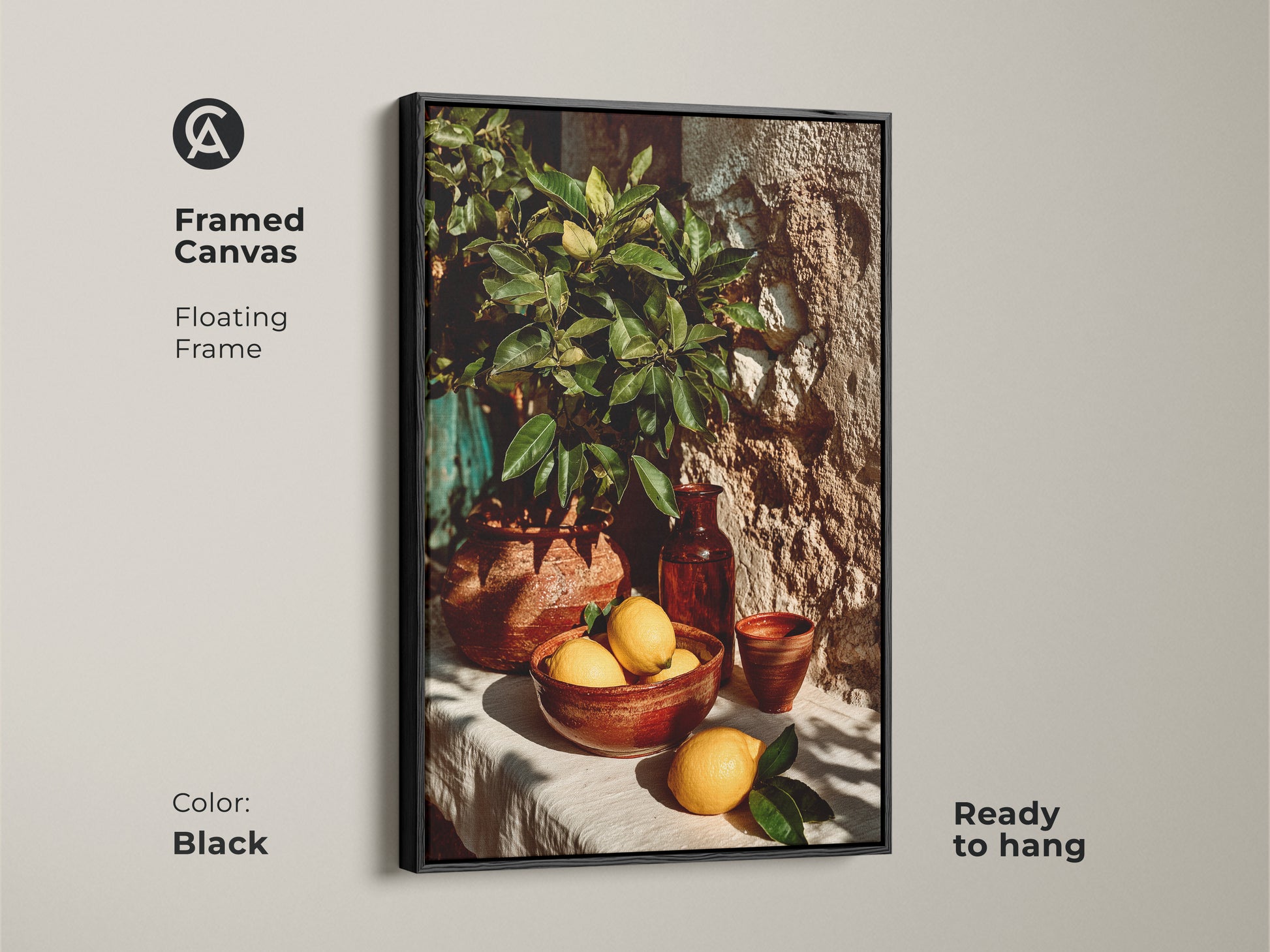 Enhance your dining room with this botanical still life print. The art features lemons and terracotta pottery with earthy tones. A delightful housewarming gift for a foodie or lover of Mediterranean style.
