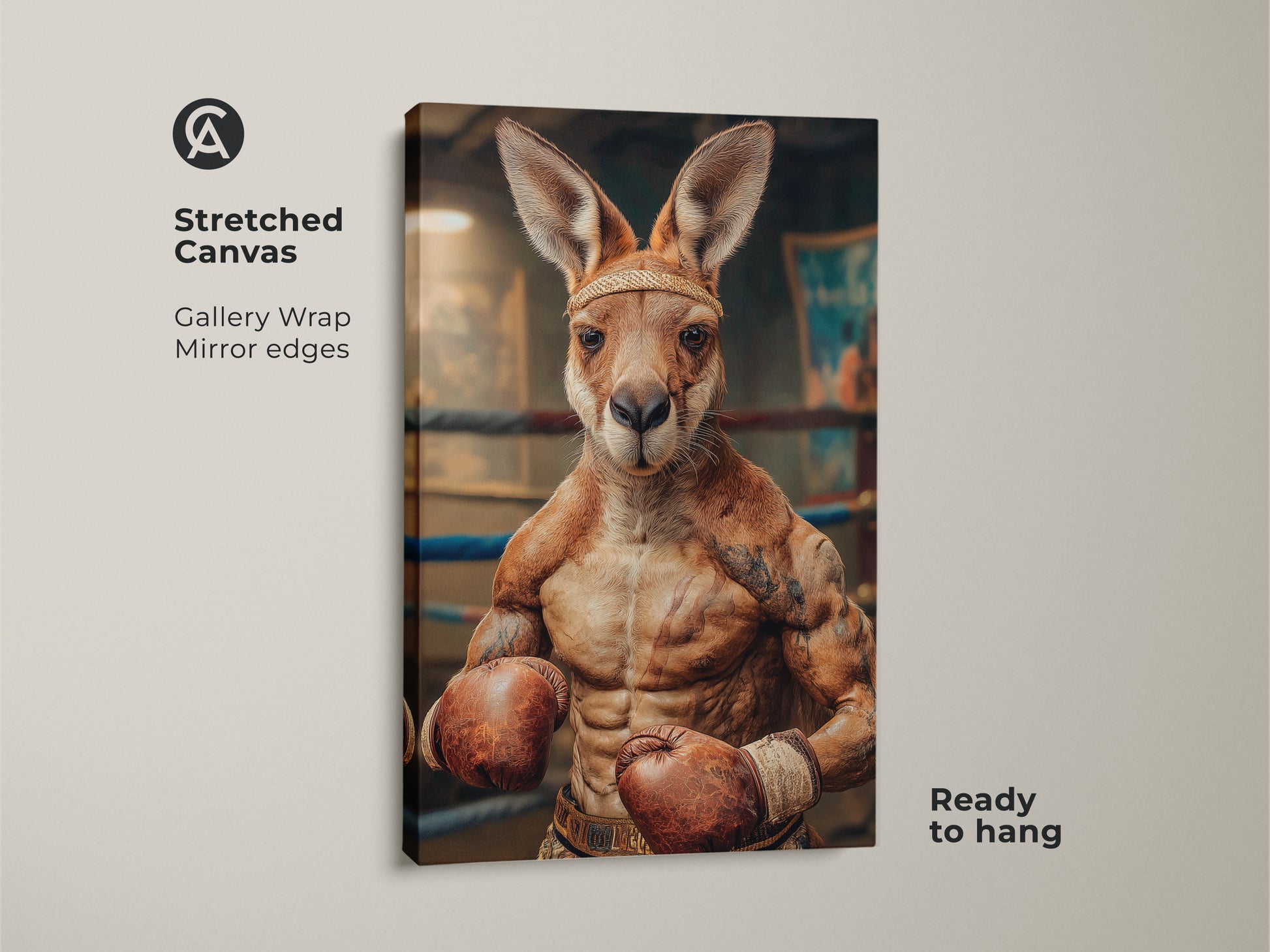 Stretched canvas artwork of a surreal boxing kangaroo print. This funny animal artwork adds character to a man cave canvas. It is ready to hang. Ideal sports themed wall art for animal lovers. This makes a unique gift for a boxer.