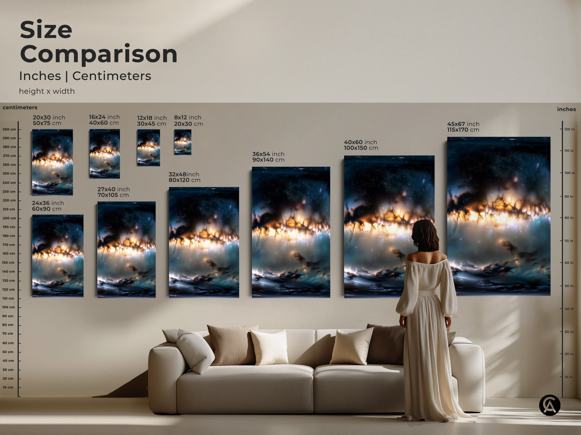 Size comparison of space artwork in inches and centimeters. Various sizes displayed with a model for scale. Find the perfect size for your living room or office. Available as canvas or poster prints. Transform your walls today