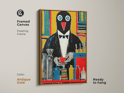 Framed Canvas of Tuxedo Penguin. The ready to hang artwork is set in an antique gold floating frame. This colorful bird artwork is a great gift for an animal lover.