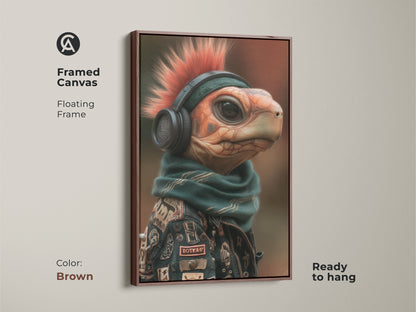 Framed Canvas Mohawk Turtle Artwork. It has a floating frame in brown and ready to hang. Perfect for eclectic man cave decor. This punk rock animal art features a turtle with a mohawk headphones scarf and jacket. A unique music lover gift or office wall decor.