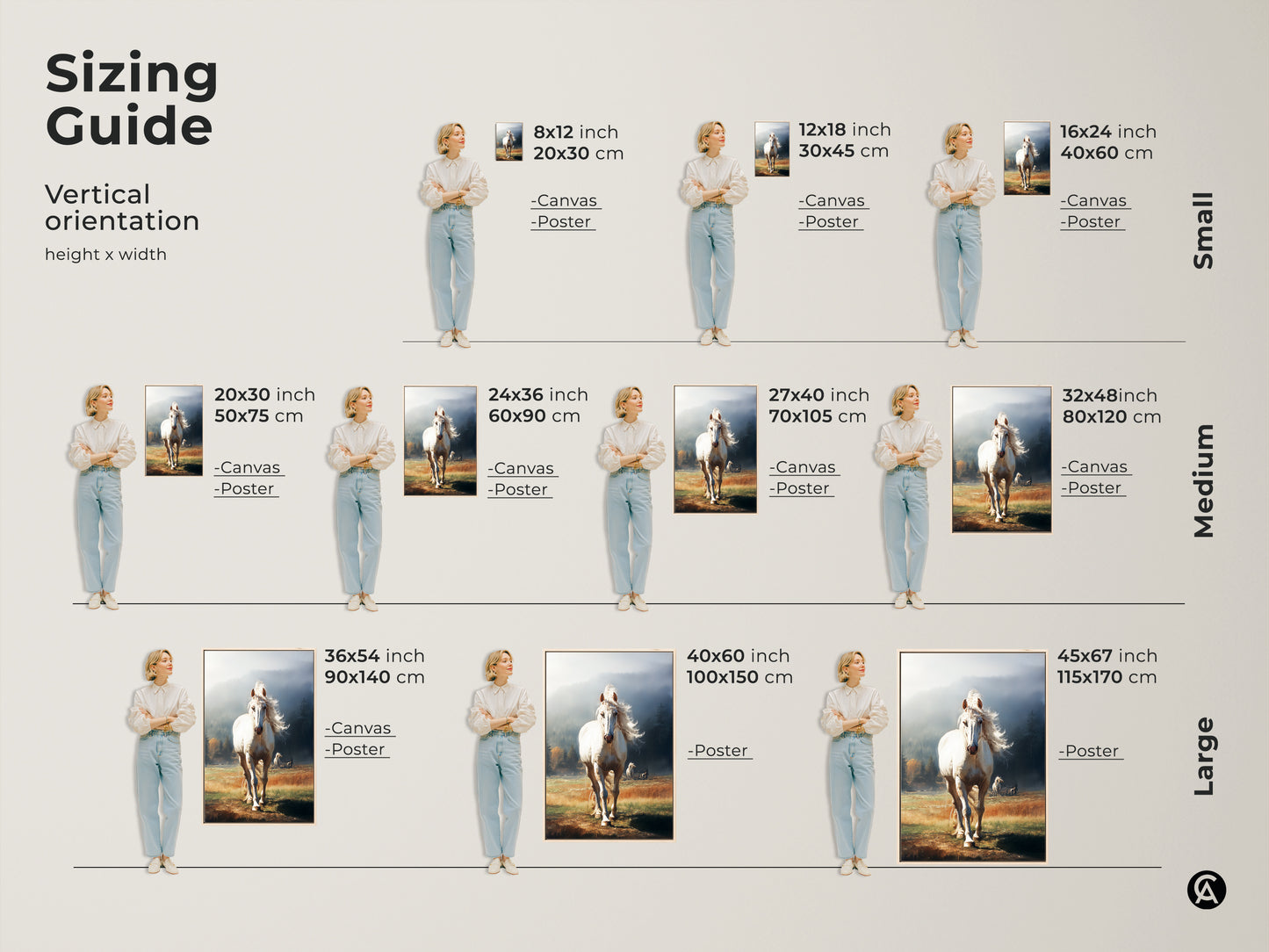 Sizing guide for vertical white horse artwork. Available in small medium and large sizes. Choose canvas or poster prints. Find the perfect fit for your space with this rustic animal print.