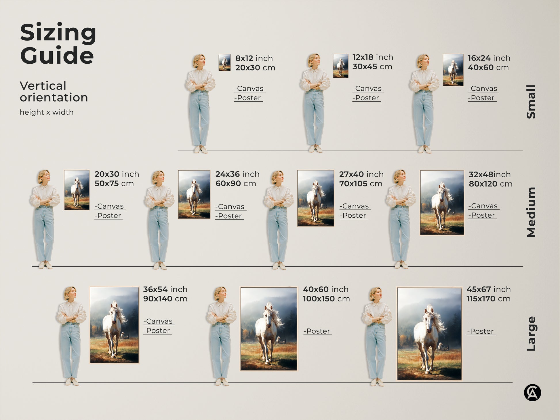 Sizing guide for vertical white horse artwork. Available in small medium and large sizes. Choose canvas or poster prints. Find the perfect fit for your space with this rustic animal print.