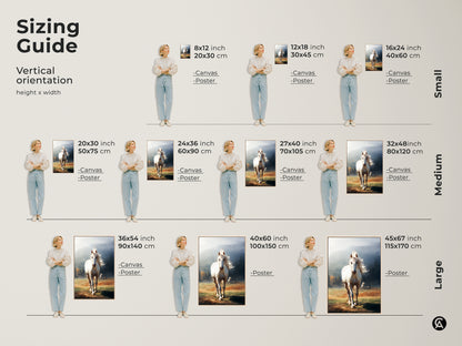 Sizing guide for vertical white horse artwork. Available in small medium and large sizes. Choose canvas or poster prints. Find the perfect fit for your space with this rustic animal print.
