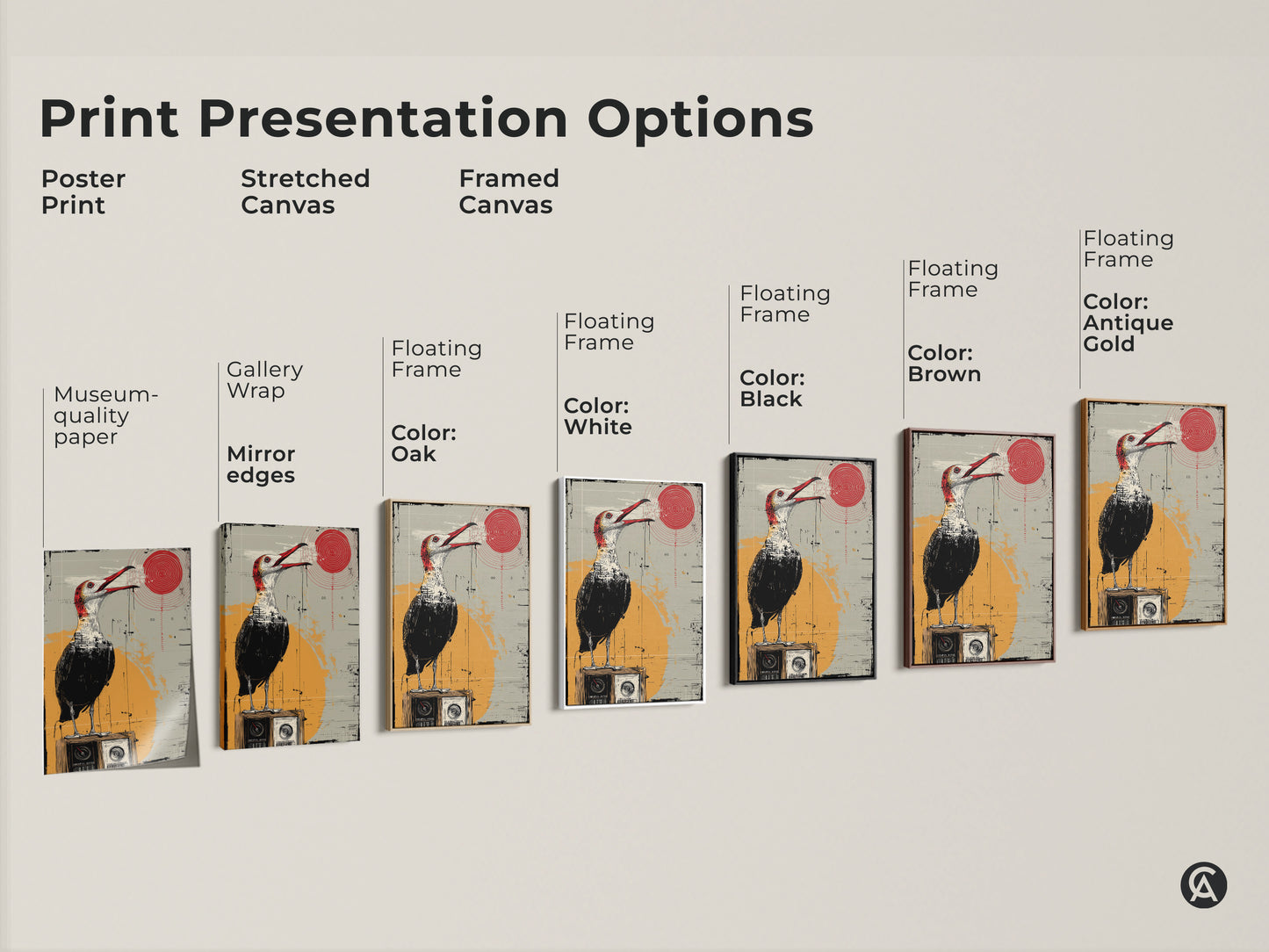 Explore print presentation options featuring surreal bird artwork. Choose from poster stretched or framed canvas. Each piece showcases a bird on a vintage radio in eclectic red yellow grey tones. These options are perfect for art collectors. Ideal for adding character to study rooms offices or as unique housewarming gifts.