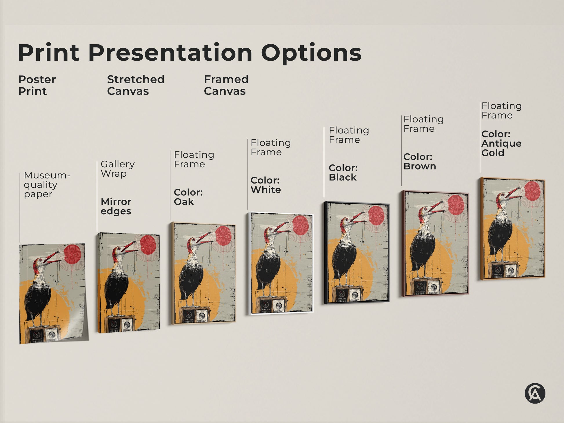 Explore print presentation options featuring surreal bird artwork. Choose from poster stretched or framed canvas. Each piece showcases a bird on a vintage radio in eclectic red yellow grey tones. These options are perfect for art collectors. Ideal for adding character to study rooms offices or as unique housewarming gifts.