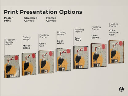 Explore print presentation options featuring surreal bird artwork. Choose from poster stretched or framed canvas. Each piece showcases a bird on a vintage radio in eclectic red yellow grey tones. These options are perfect for art collectors. Ideal for adding character to study rooms offices or as unique housewarming gifts.