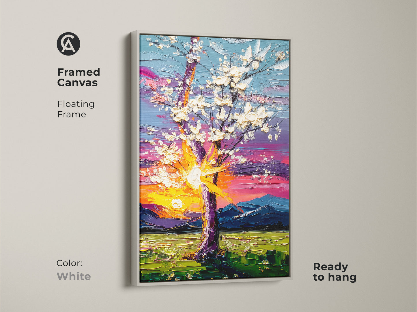 White floating frame enhances this impressionistic tree and mountain artwork. The colorful sky canvas is perfect for a bedroom. This nature-inspired art piece is ready to hang adding natural beauty to any space.