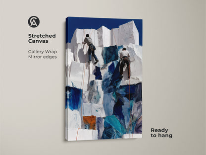 Stretched canvas artwork features abstract mountain climbing art. Gallery wrapped with mirror edges it's ready to hang. Deep blues and whites create a contemporary adventure scene.