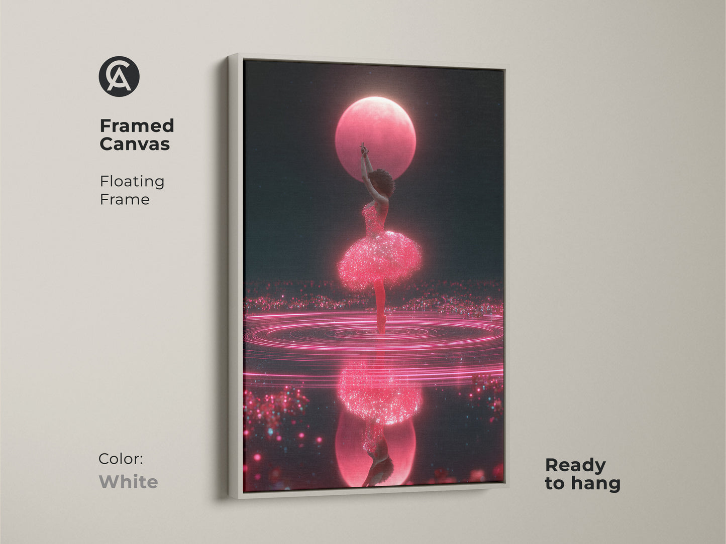 Framed canvas featuring cosmic ballerina art with a white floating frame. The vibrant pink and blue art showcases a surreal dance. Ready to hang this dark blue fantasy artwork adds a contemporary touch to any room and makes a great gift for ballerinas.