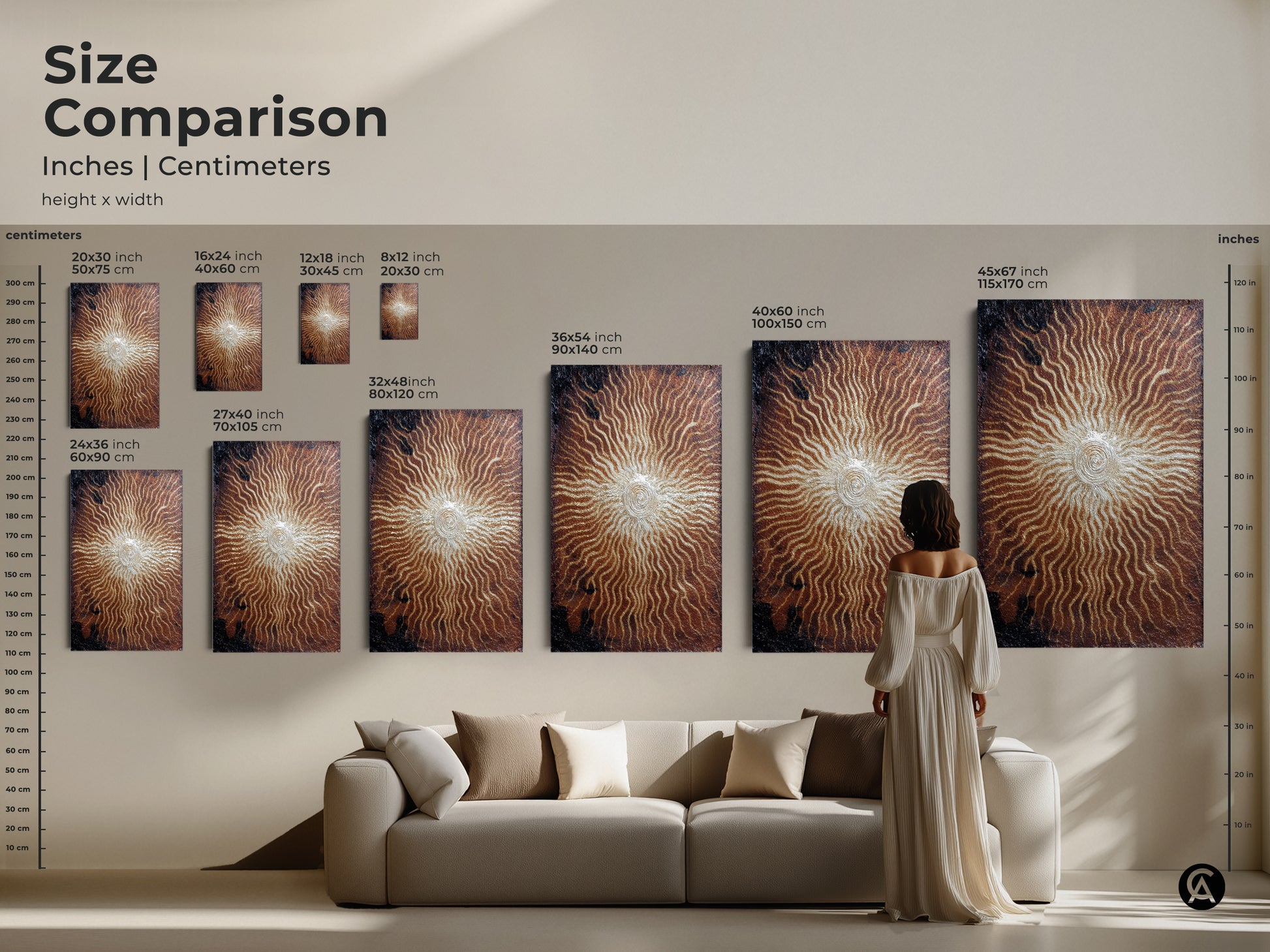 Size comparison of abstract sunburst artwork in inches and centimeters. Various sizes are displayed above a couch for scale. Find the perfect fit for your space. This eclectic artwork makes a statement.