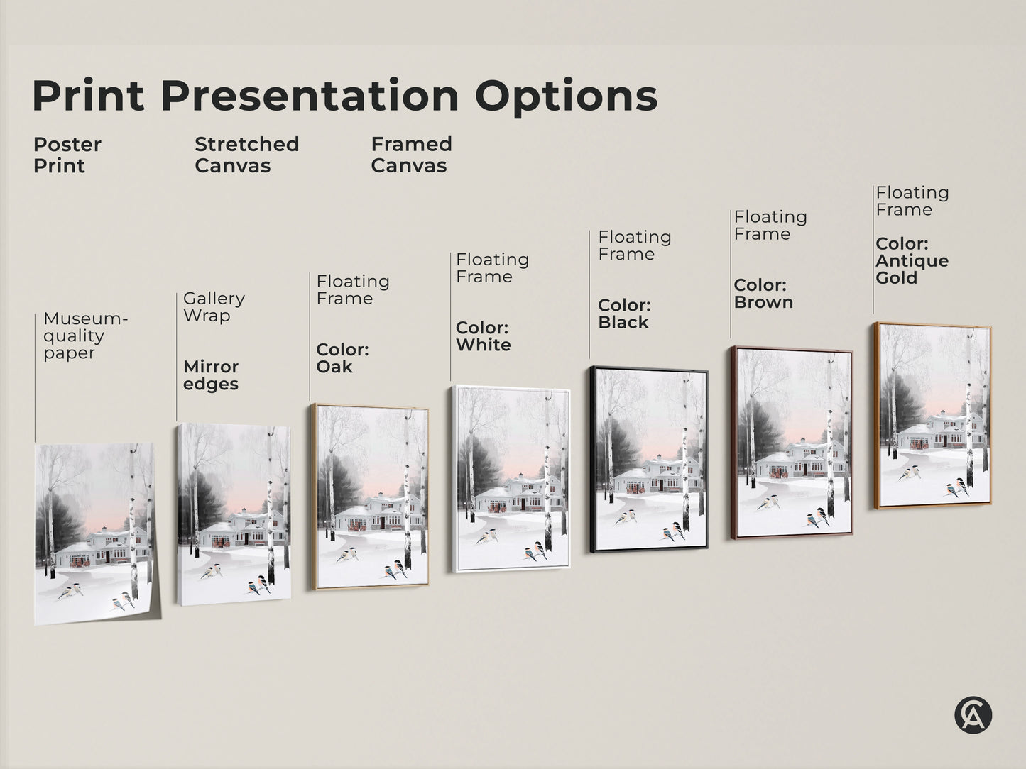 Explore print presentation options for this winter art. Choose from poster stretched canvas or framed canvas. Available with various floating frame colors like white black brown and gold. Find the perfect style to match your decor.