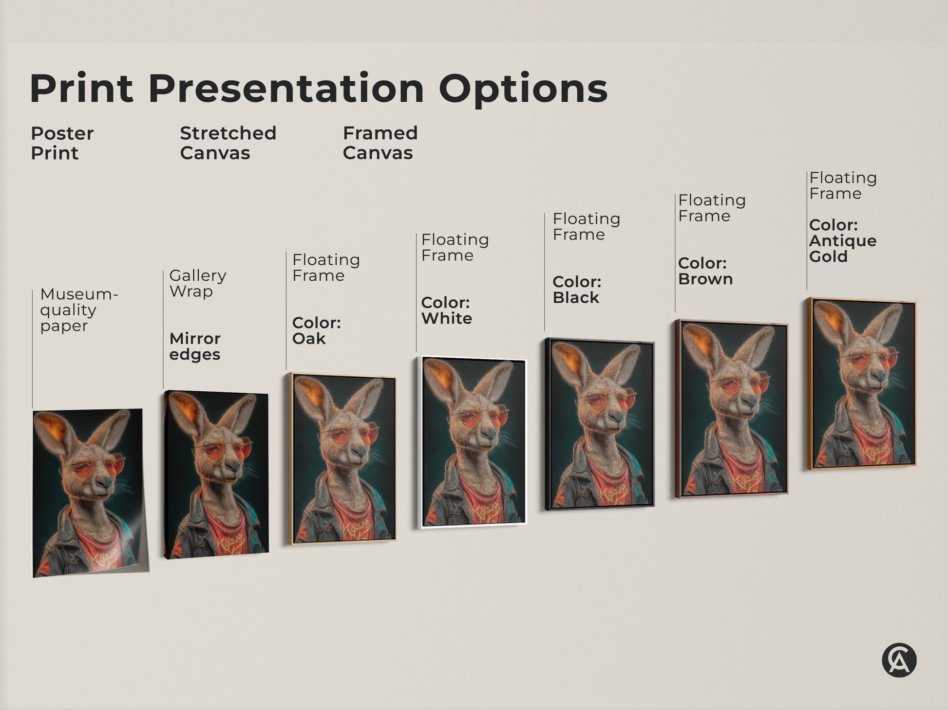 Print presentation options are showcased. The options include poster prints. There's also stretched canvas prints. Framed canvas prints are available too. A kangaroo in a biker jacket is on the prints. Each one is a cool gift for dad.