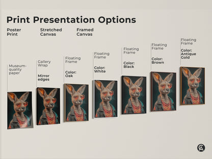 Print presentation options are showcased. The options include poster prints. There's also stretched canvas prints. Framed canvas prints are available too. A kangaroo in a biker jacket is on the prints. Each one is a cool gift for dad.
