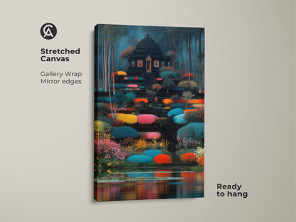 Stretched Canvas of a vibrant garden art print. This fantasy temple wall art features gallery wrapped edges. It's ready to hang and adds a colorful touch to any room. A perfect housewarming present for travel lovers.