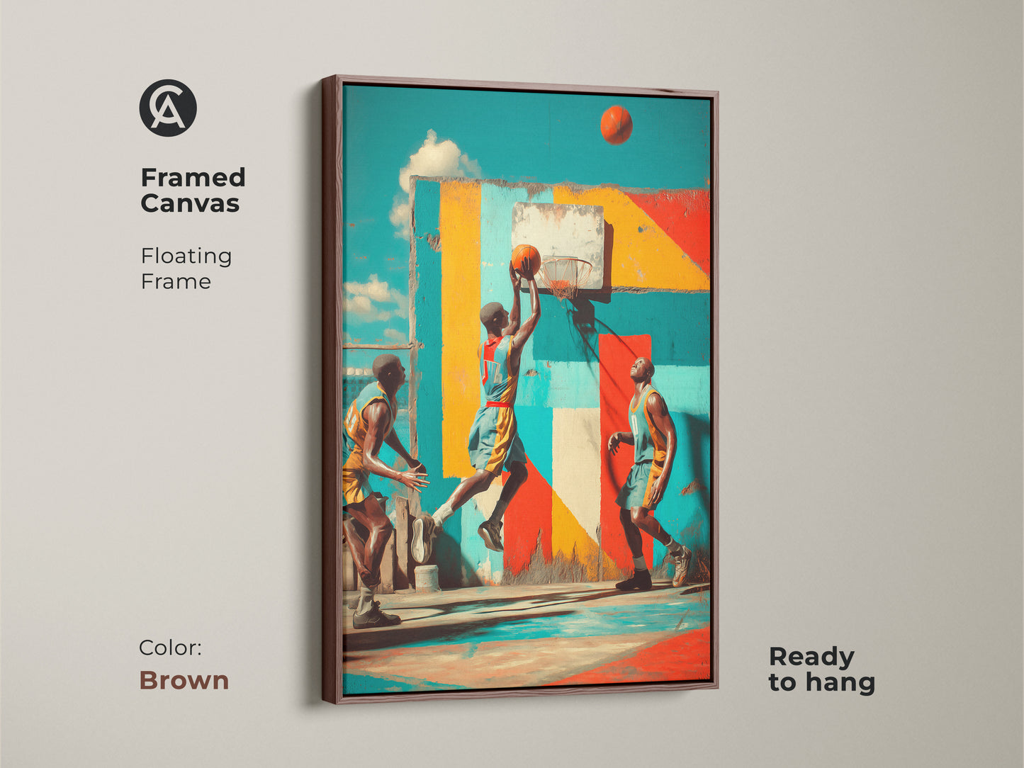 Elevate your decor with this framed canvas showcasing graffiti basketball artwork. The brown floating frame complements the teal yellow and red hues. Ideal for a man cave or a sports themed room. It arrives ready to hang for easy setup.