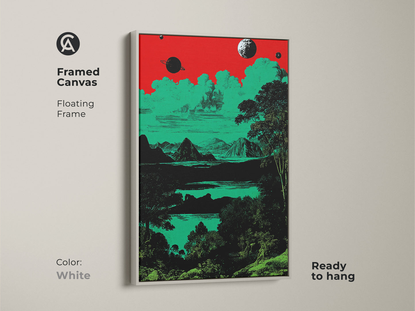 A framed canvas showcases a surreal space landscape in a floating white frame. The retro planets and mountains artwork uses red green and black tones. This eclectic home decor is ready to hang. It adds cosmic nature to any room. It is perfect for sci-fi fans.