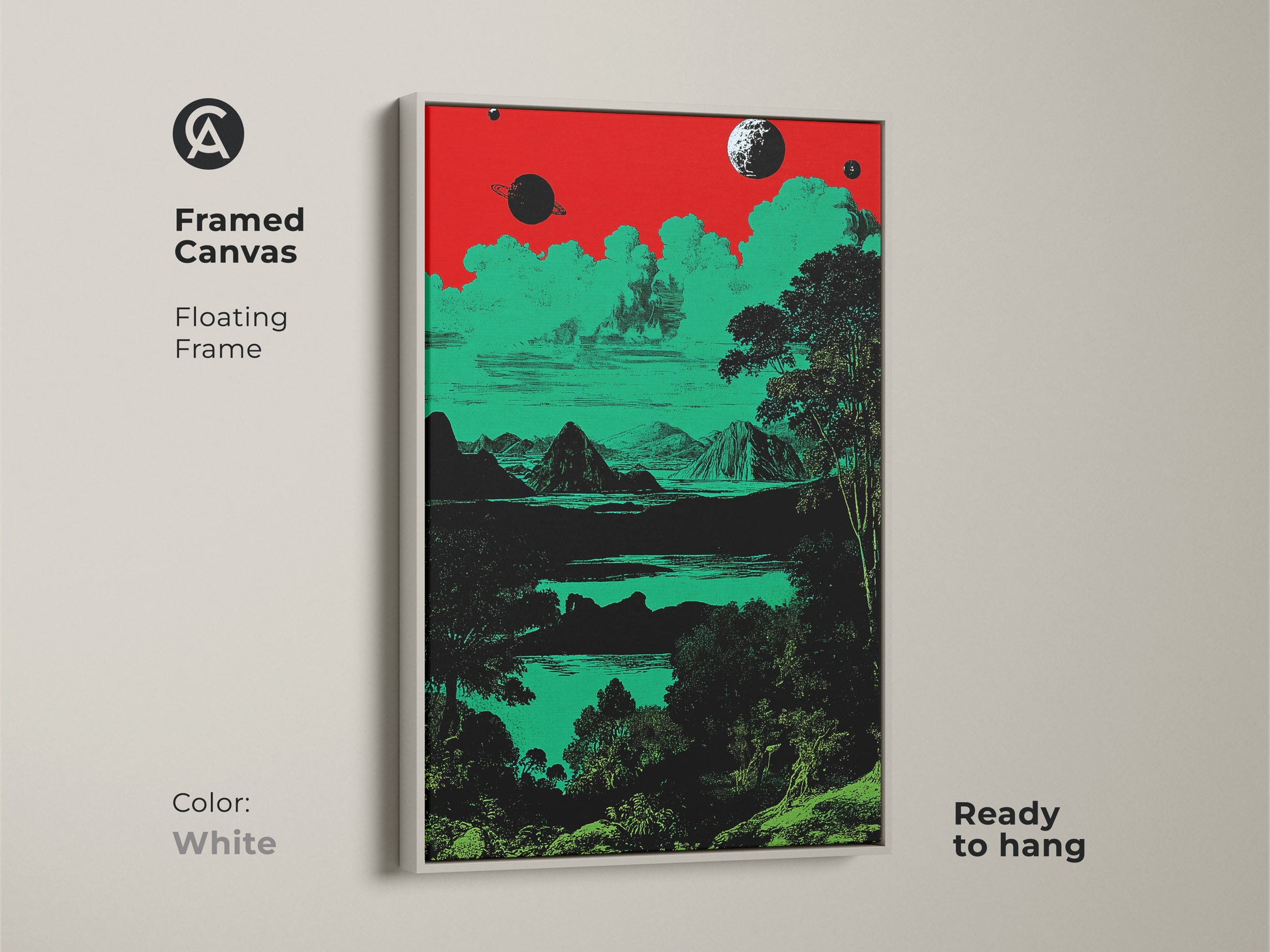 A framed canvas showcases a surreal space landscape in a floating white frame. The retro planets and mountains artwork uses red green and black tones. This eclectic home decor is ready to hang. It adds cosmic nature to any room. It is perfect for sci-fi fans.