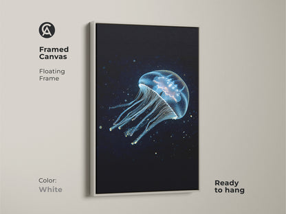 Abstract jellyfish art is presented in a framed canvas with a white floating frame. Ready to hang this deep blue and cyan artwork adds a modern touch. It's ideal for contemporary bedrooms or living spaces. A great gift for ocean lovers.