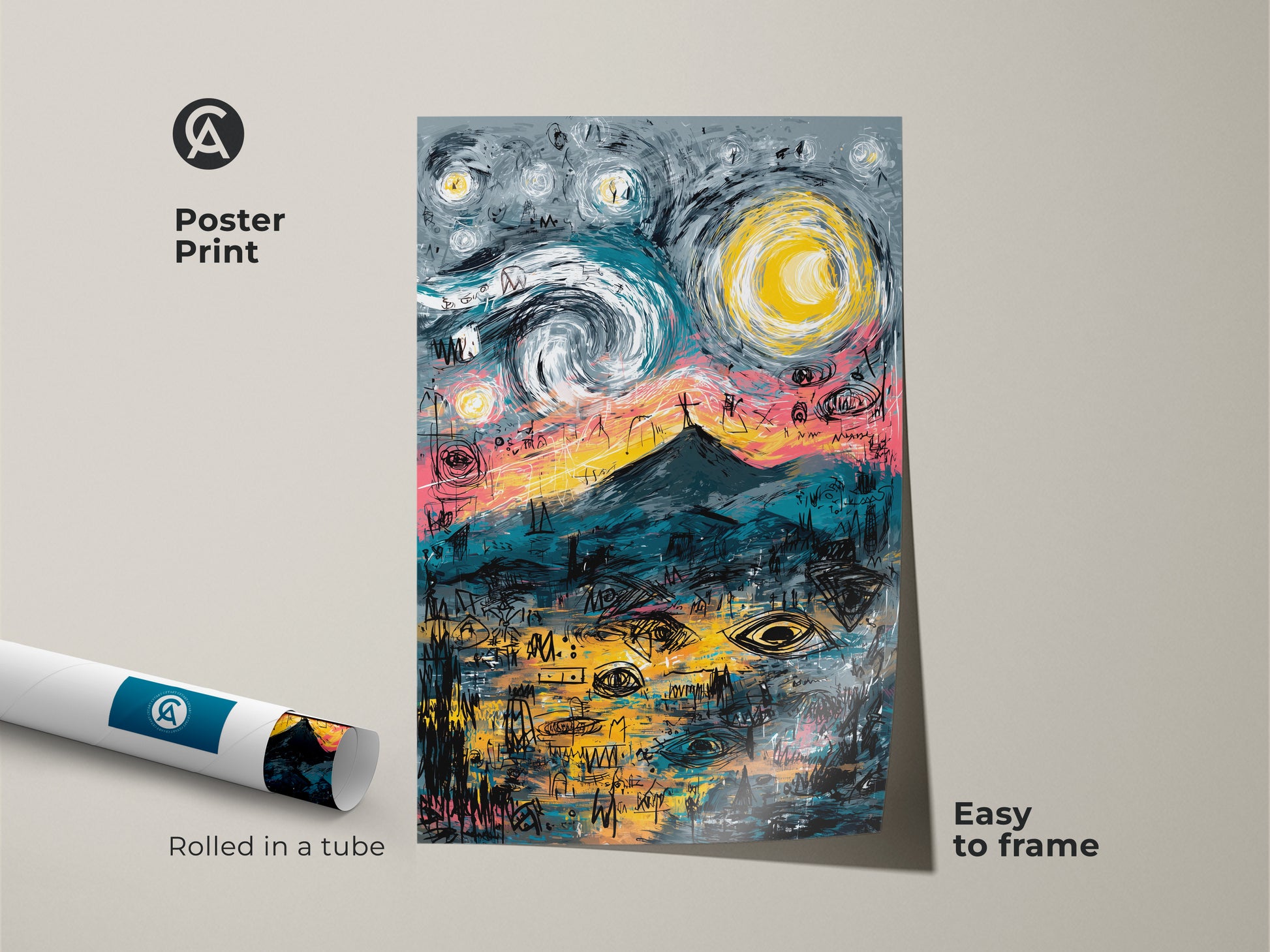 Poster art print rolled in a tube. The artwork features a mountain under a starry sky. The poster art print is easy to frame. Find rolled art prints online for your home or office.