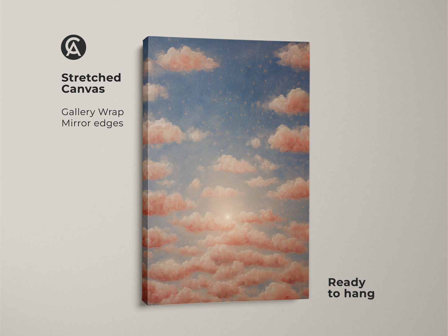 Bohemian bedroom wall decor with dreamy clouds art. Peach sunset wall art on premium canvas for residential spaces. This surreal sky canvas print brings nature-inspired artwork.