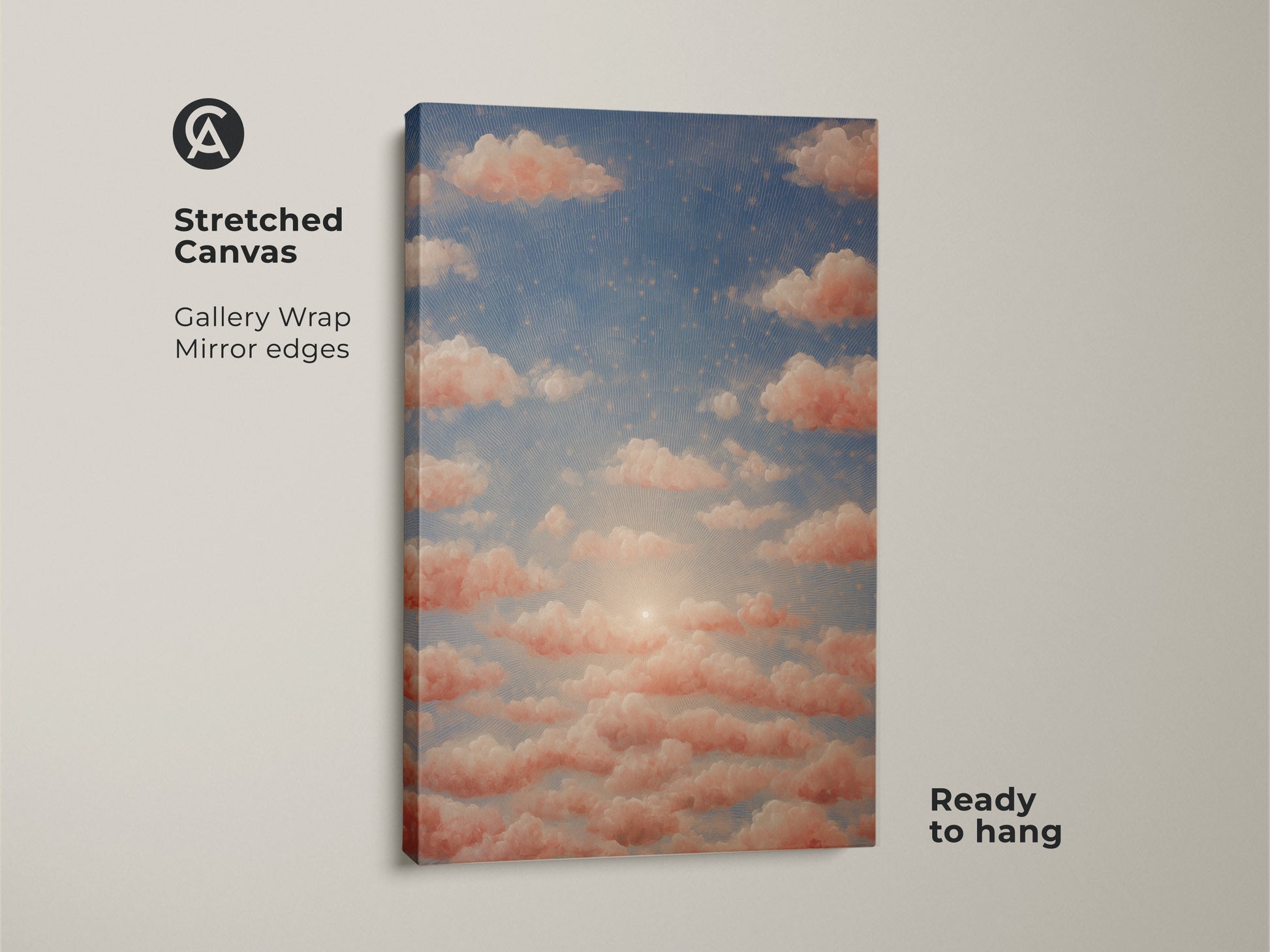 Bohemian bedroom wall decor with dreamy clouds art. Peach sunset wall art on premium canvas for residential spaces. This surreal sky canvas print brings nature-inspired artwork.