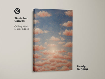 Bohemian bedroom wall decor with dreamy clouds art. Peach sunset wall art on premium canvas for residential spaces. This surreal sky canvas print brings nature-inspired artwork.