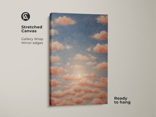 Bohemian bedroom wall decor with dreamy clouds art. Peach sunset wall art on premium canvas for residential spaces. This surreal sky canvas print brings nature-inspired artwork.