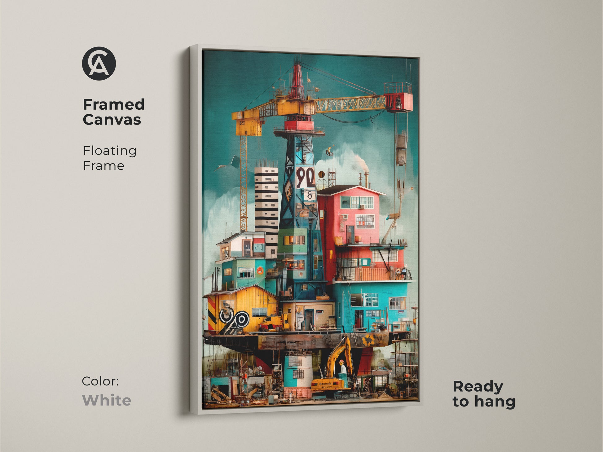 Framed canvas of surreal industrial art showing an oil rig and construction cranes in white. This architectural building art adds unique touch to any office. The artwork enhances loft style decor. Floating Frame and ready to hang.