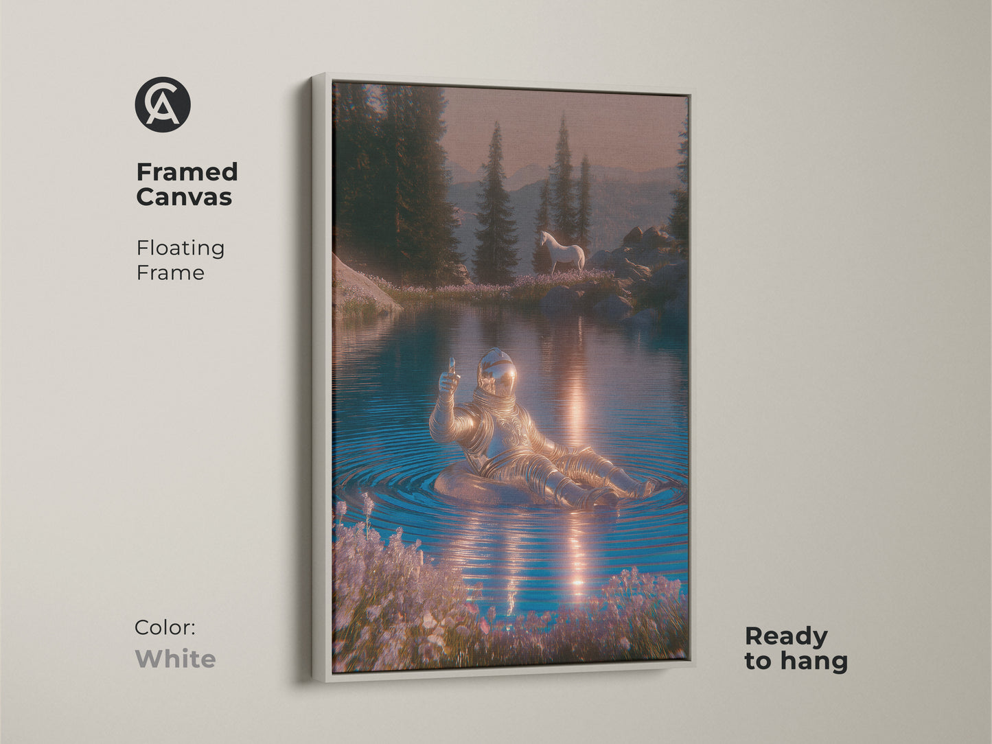 Image showing print presentation options for astronaut and horse art. Poster print stretched canvas and framed canvas options. Choose floating frame color in oak white black brown or antique gold. Perfect sci-fi nature landscape wall decor.