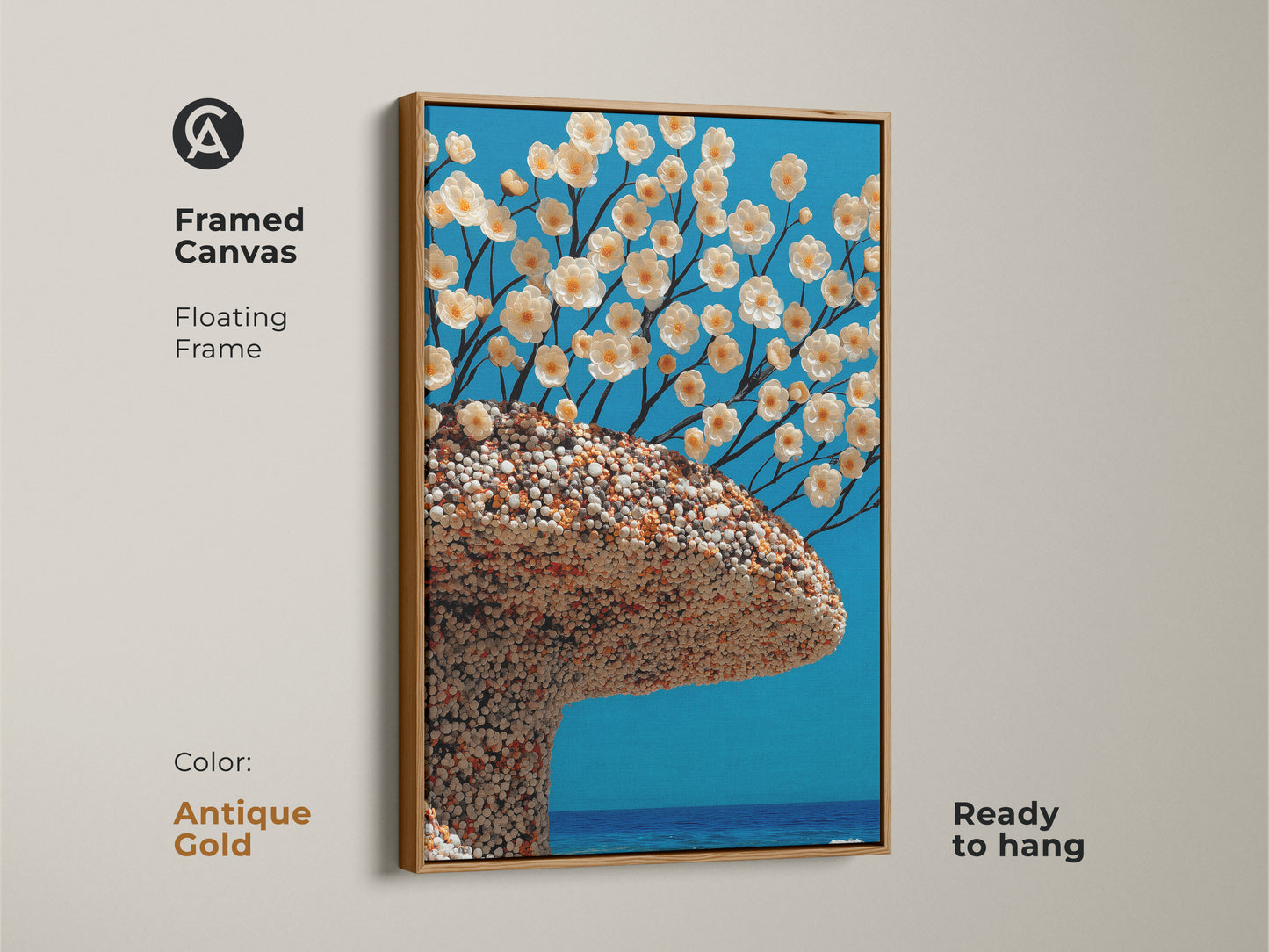 Framed canvas print with surreal botanical tree artwork. The antique gold floating frame complements the white flowers and aqua blue background. This nature-inspired art adds a touch of elegance. Ready to hang it's perfect for eclectic and artistic home decor.