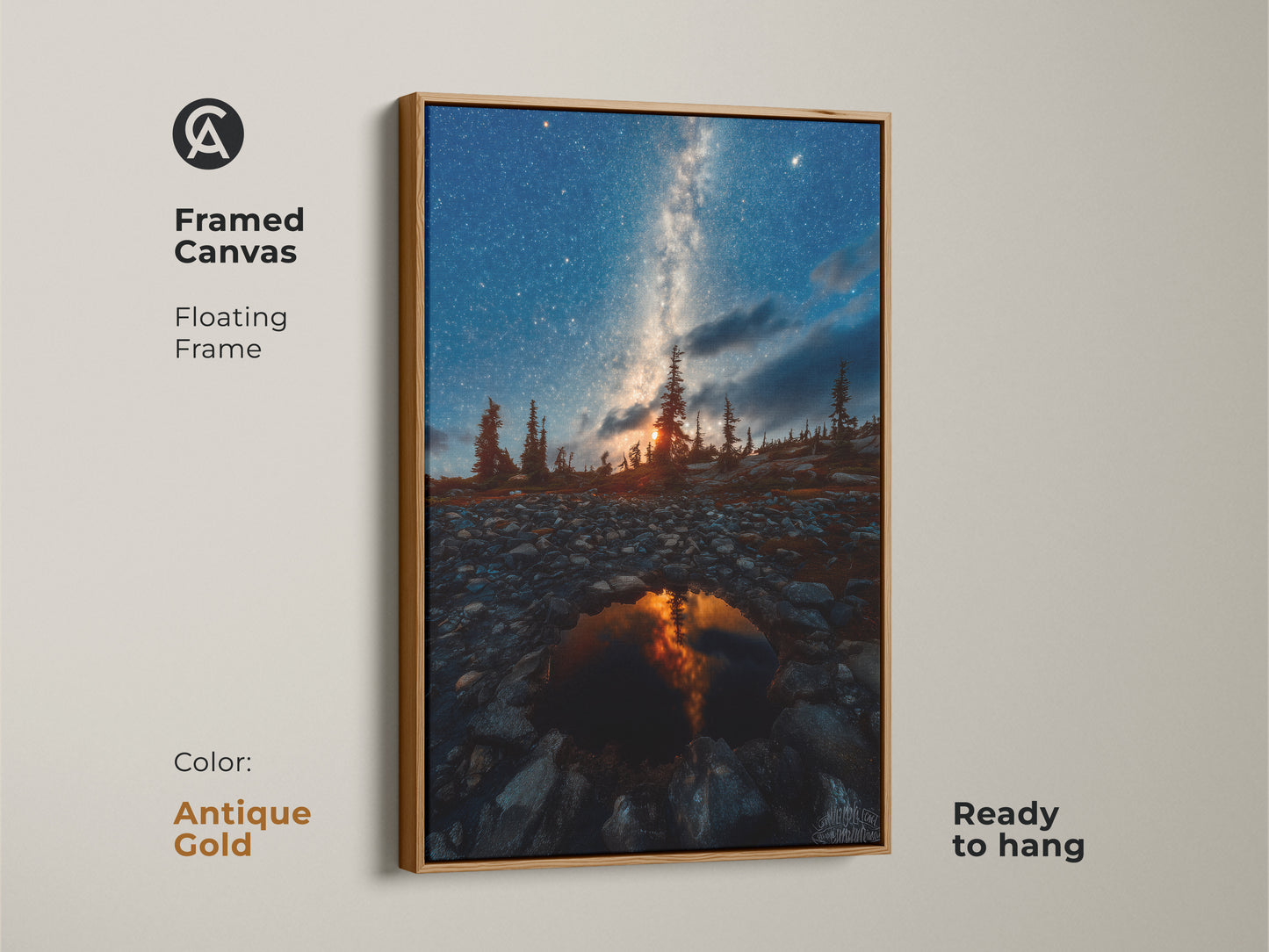 Framed canvas featuring the Milky Way over pine trees with an antique gold frame. This celestial landscape painting is ready to hang. Ideal for adding a rustic touch with this dark sky photography piece. Perfect as astronomy lovers gift this unique artwork is a great housewarming gift print.