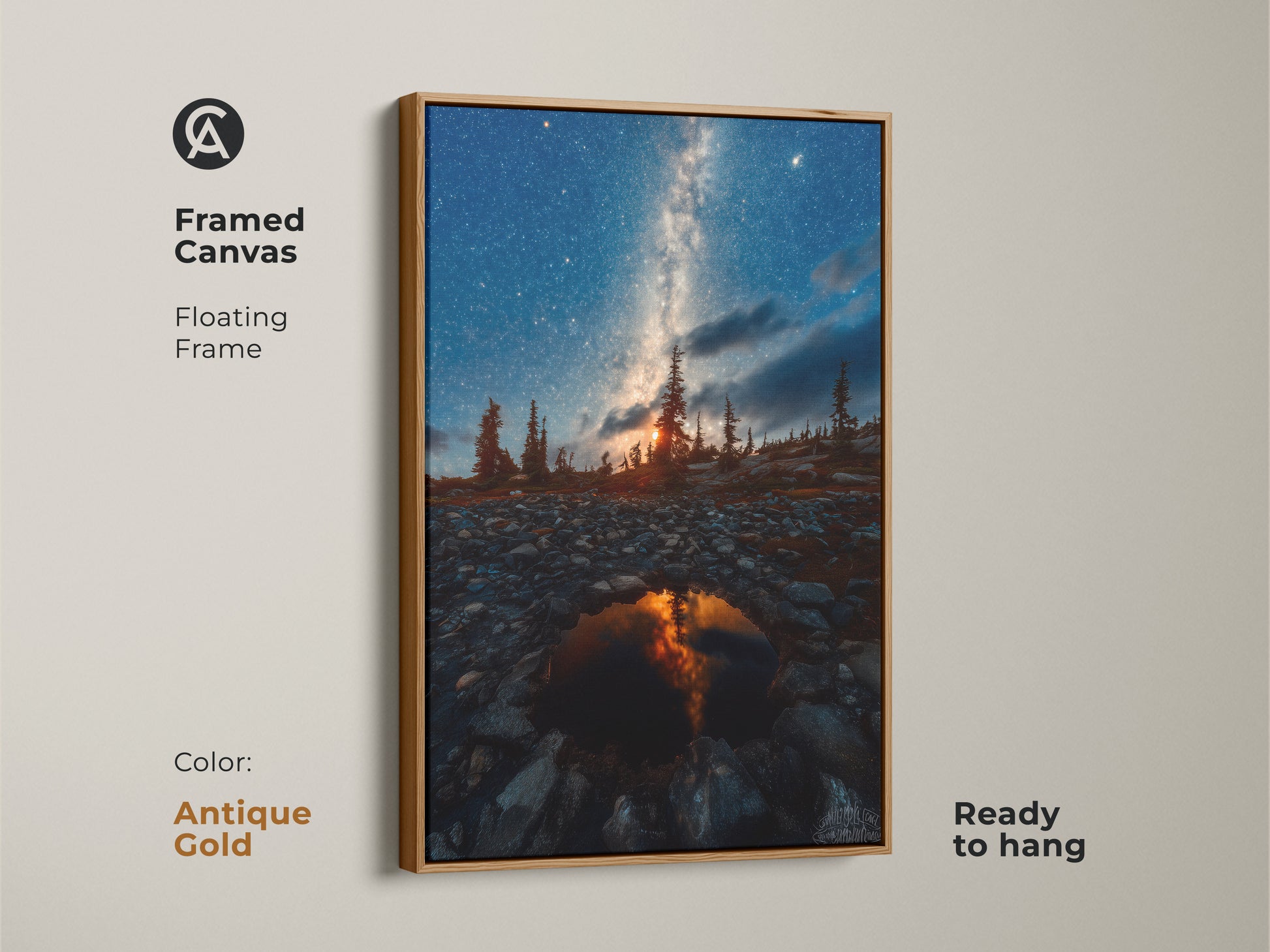 Framed canvas featuring the Milky Way over pine trees with an antique gold frame. This celestial landscape painting is ready to hang. Ideal for adding a rustic touch with this dark sky photography piece. Perfect as astronomy lovers gift this unique artwork is a great housewarming gift print.