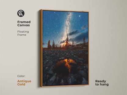Framed canvas featuring the Milky Way over pine trees with an antique gold frame. This celestial landscape painting is ready to hang. Ideal for adding a rustic touch with this dark sky photography piece. Perfect as astronomy lovers gift this unique artwork is a great housewarming gift print.