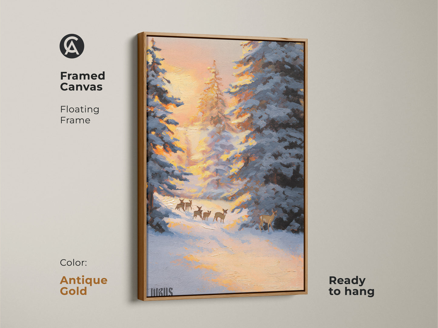 Framed canvas of deer in snowy forest wall art with a floating antique gold frame. This winter landscape canvas print is ready to hang. This rustic nature decor features a striking blue and orange palette. The peaceful forest scene art brings wildlife beauty into your home.