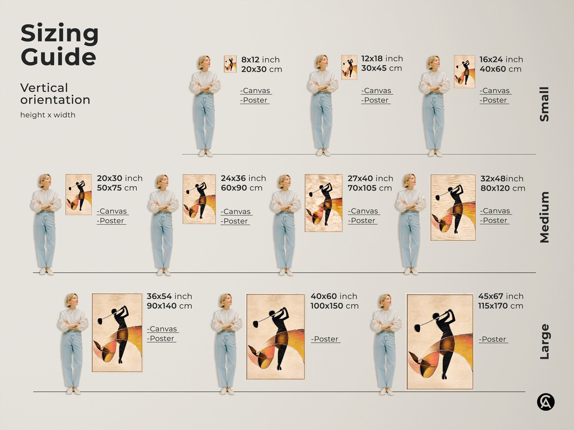 Sizing guide for abstract golfer artwork. See vertical orientation height and width options. Available in small medium and large sizes for canvas or poster prints to enhance any decor.