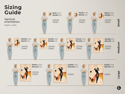 Sizing guide for abstract golfer artwork. See vertical orientation height and width options. Available in small medium and large sizes for canvas or poster prints to enhance any decor.