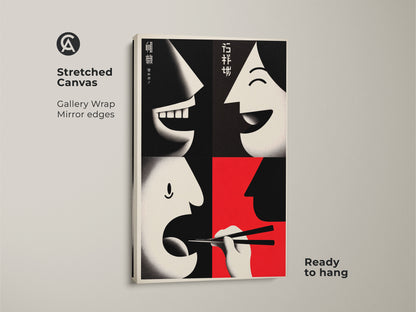Stretched Canvas version of Faces & Chopsticks Canvas Print. Gallery Wrap has mirror edges giving it a modern look. Red and Black art is ready to hang. It adds a contemporary touch to any home decor. Get this contemporary home decor for your space.