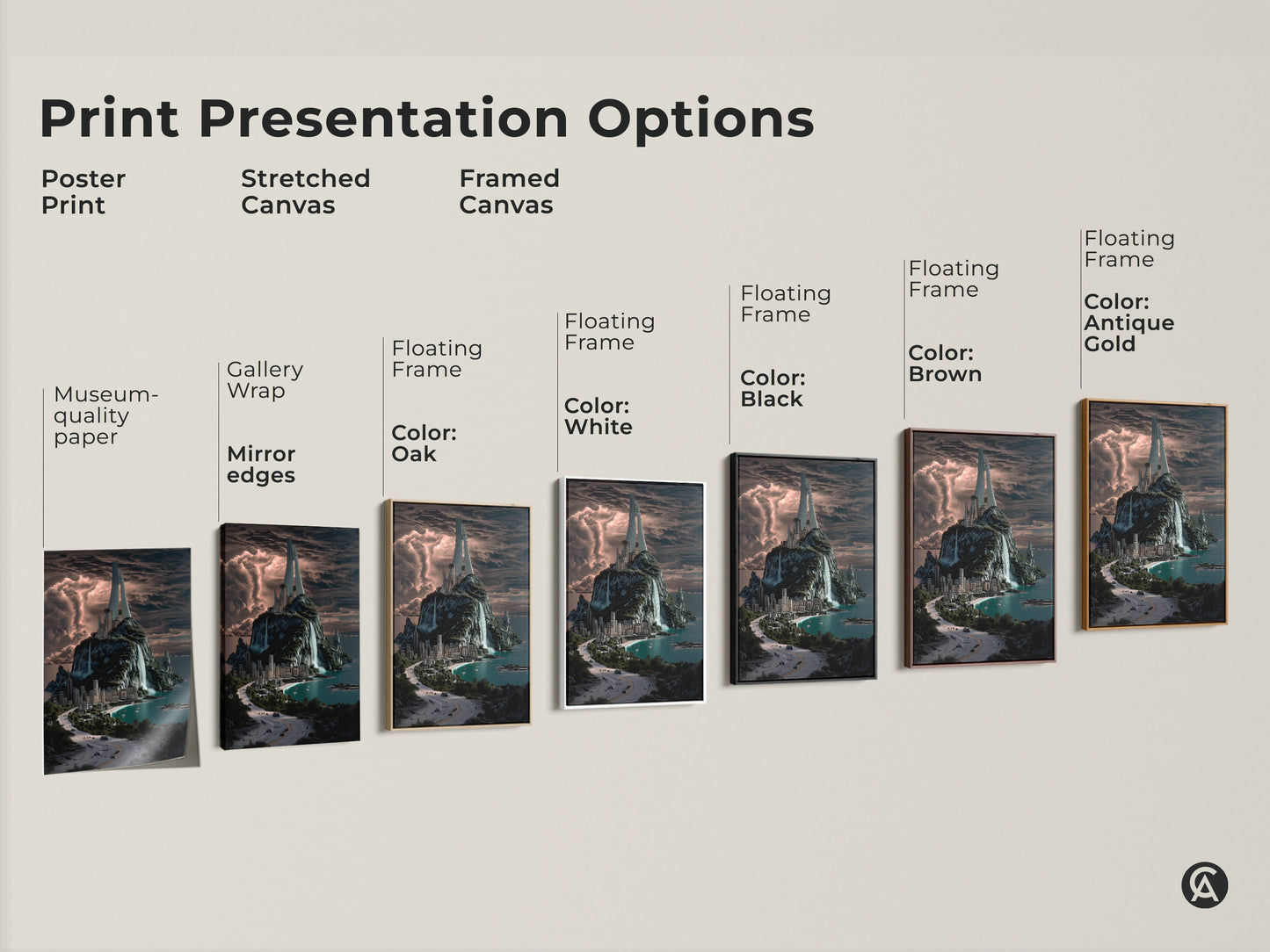 Print presentation options poster print stretched canvas and framed canvas. Museum-quality paper with gallery wrap and mirror edges. Floating frame color options. Elevate your walls today.